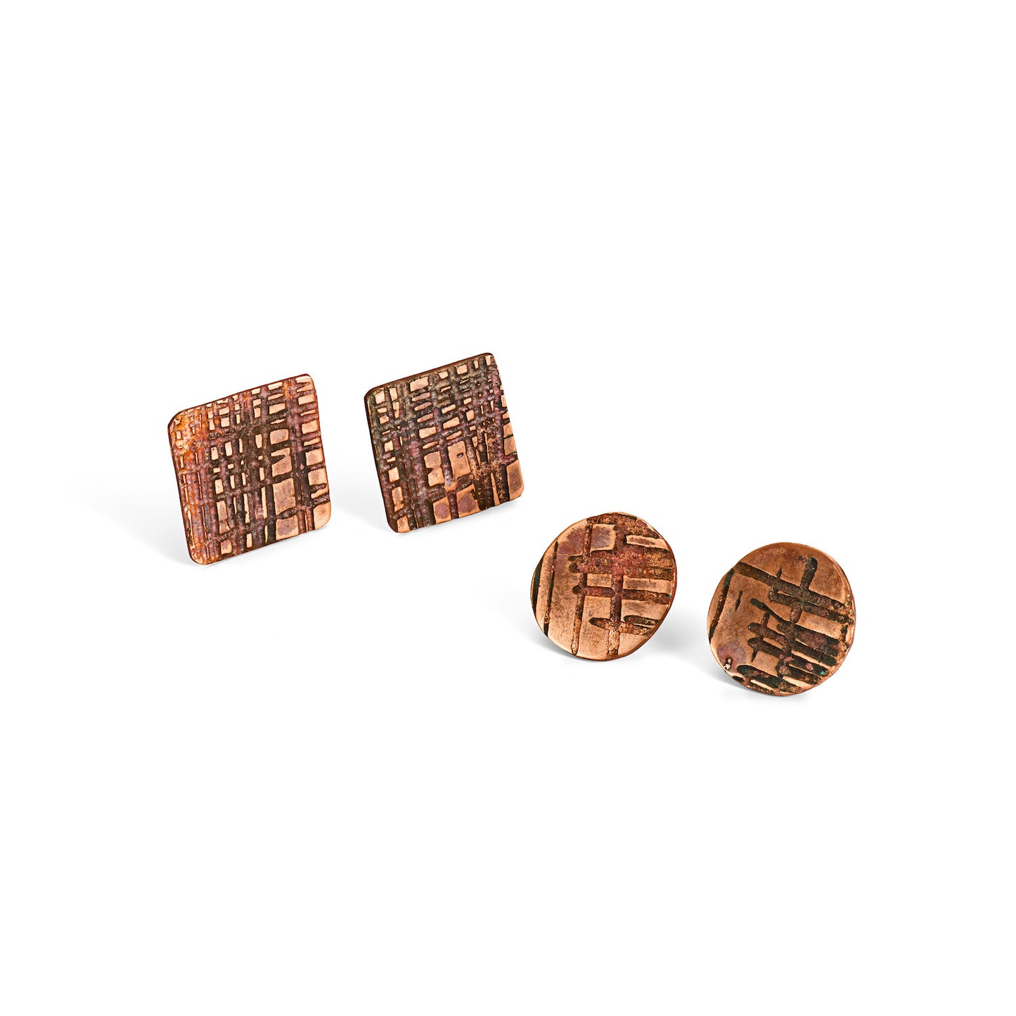 Square Etched Copper Stud Earrings with Sterling Silver Pins