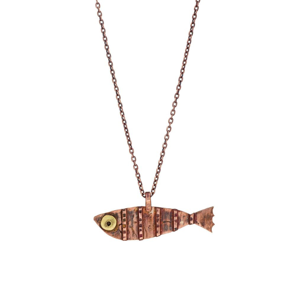 Fish Talisman Necklace – Copper with Textured Strips & Brass Eye | 22" Antiqued Copper Chain