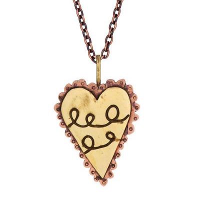 Copper and Brass Scribble Heart Talisman on 22" Antique Copper Chain