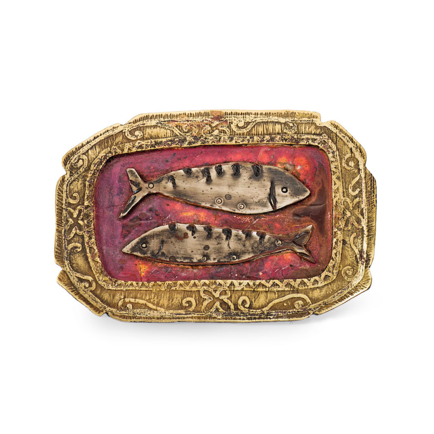 Mackerel on a Spode Charger Brooch – Copper Base, Etched Brass Frame & Nickel Silver Mackerel | Handcrafted Brass Pin | Made in Cornwall