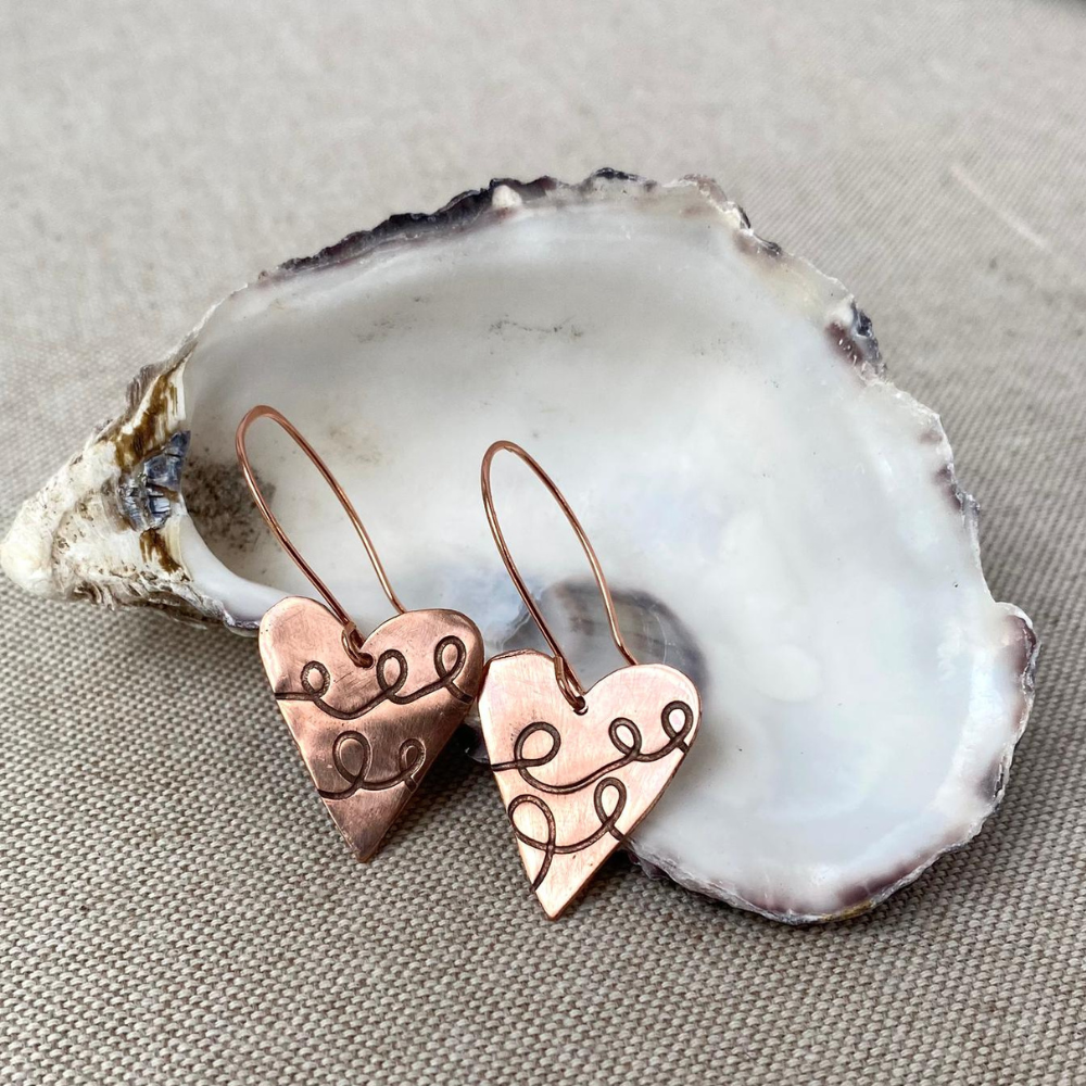 Scribble Heart Copper Earrings with Copper Wires | Wire-Embossed Copper Hearts | Handmade in Cornwall