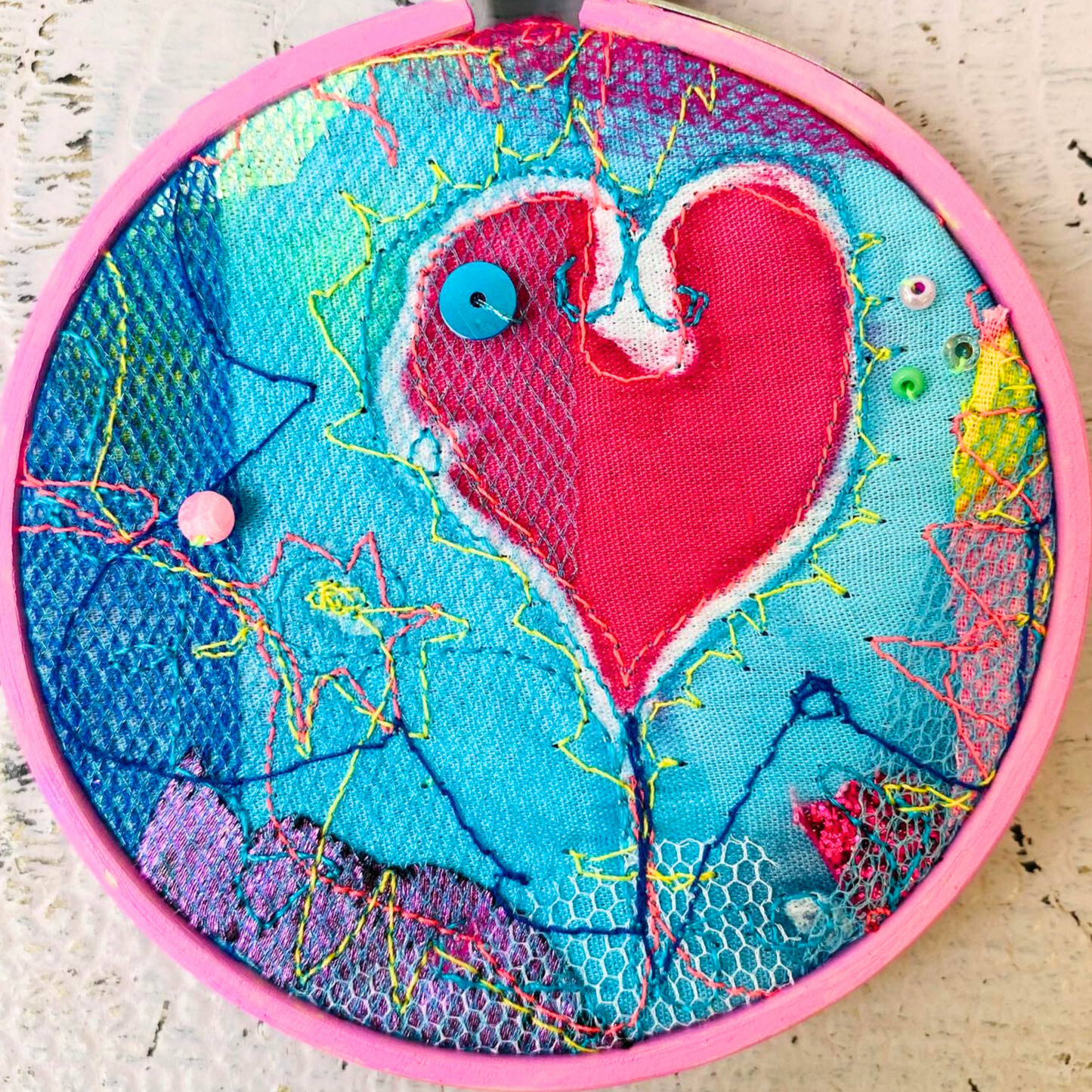 Small Pink Heart Embroidery Hoop with Turquoise ribbon.