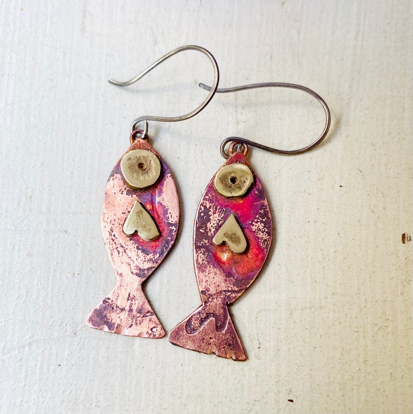 Copper & Brass Fish Dangle Statement Earrings - one of a kind