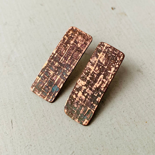 Rectangular Etched Copper Stud Earrings with Sterling Silver Pins