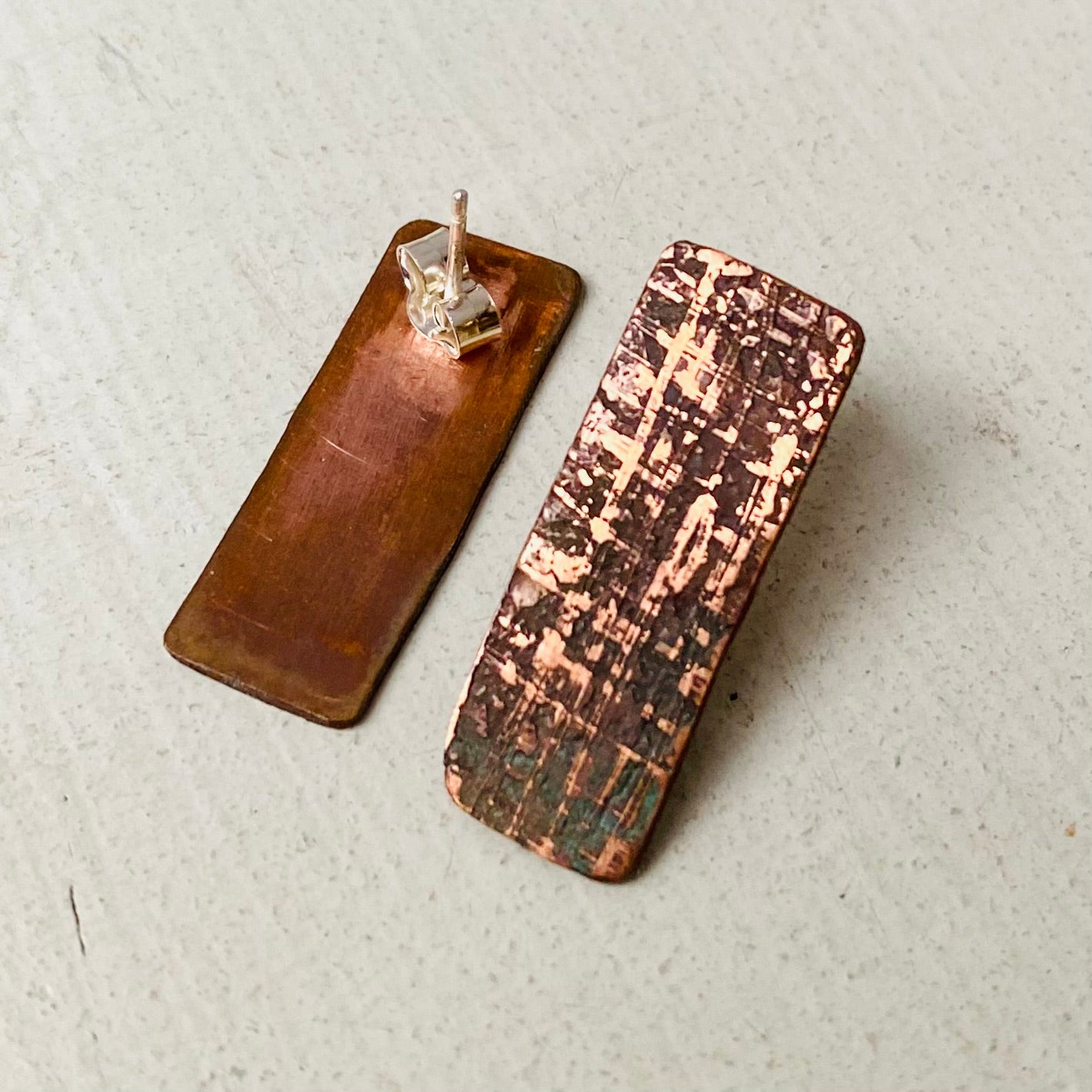 Rectangular Etched Copper Stud Earrings with Sterling Silver Pins