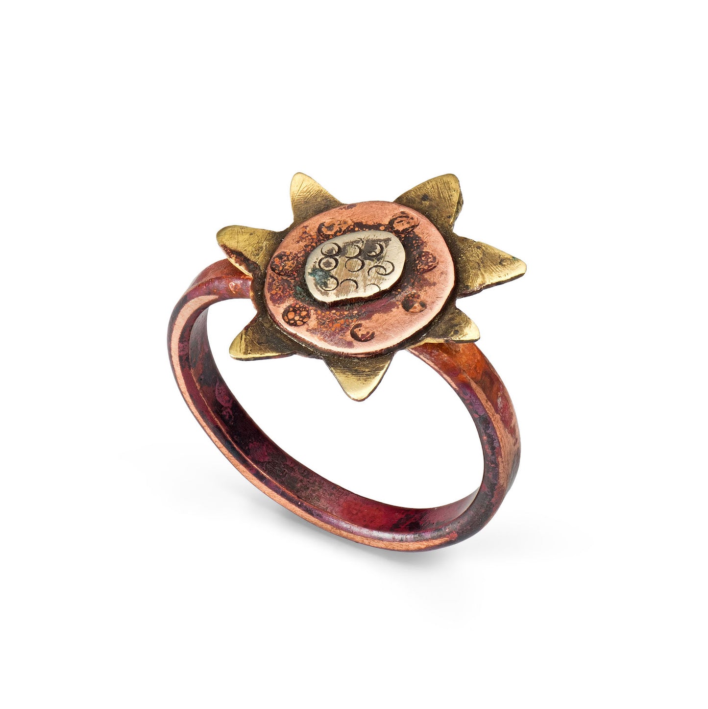 Small Solar Ring in Copper, Brass & Nickel | Hand-Cut, Textured, Cornwall Jewellery