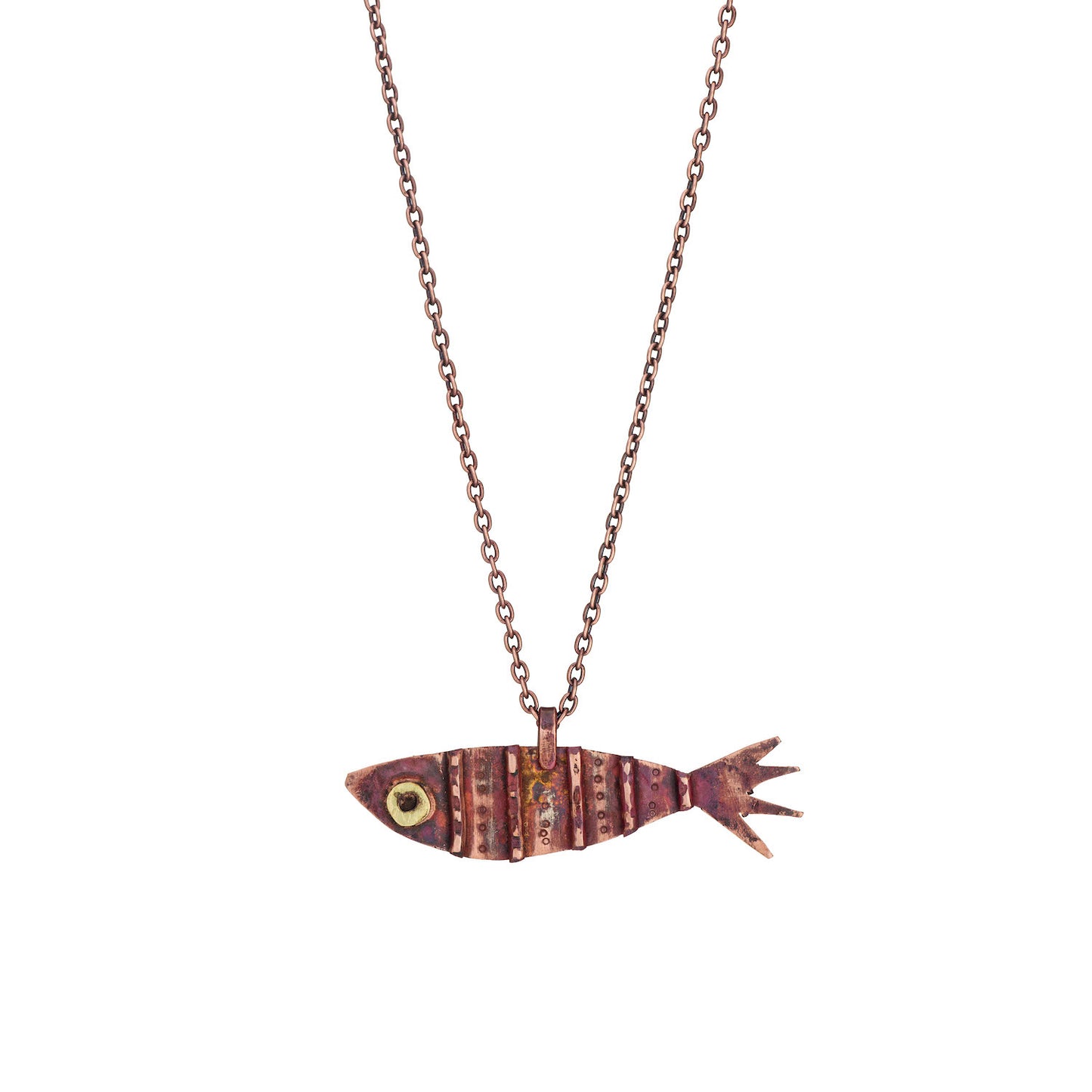 Fish Talisman Necklace – Copper with Textured Strips & Brass Eye | 22" Antiqued Copper Chain