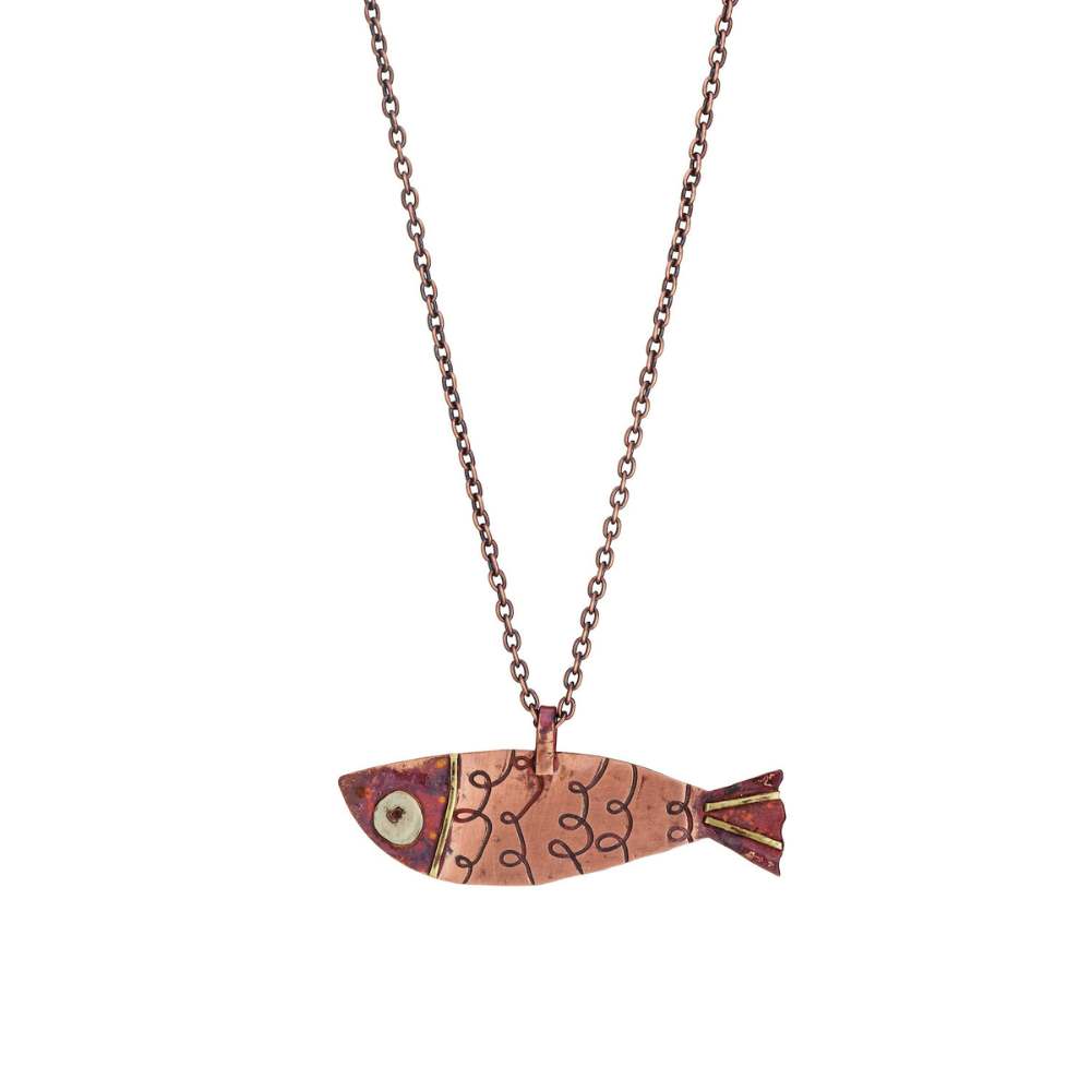 Fish Talisman Necklace – Copper with Wire-Embossed Scales & Brass Details | 22" Antiqued Copper Chain
