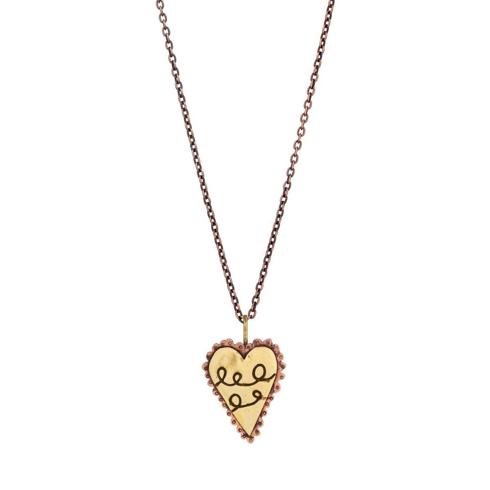 Copper and Brass Scribble Heart Talisman on 22" Antique Copper Chain