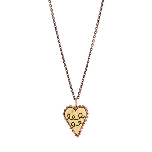 Copper and Brass Scribble Heart Talisman on 22" Antique Copper Chain