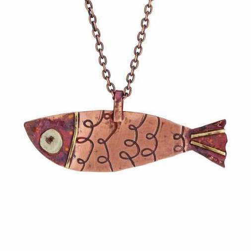 Fish Talisman Necklace – Copper with Wire-Embossed Scales & Brass Details | 22" Antiqued Copper Chain