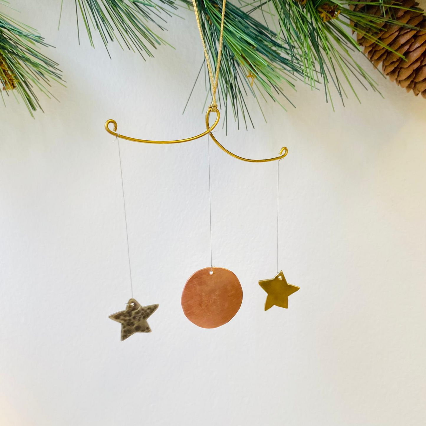 Handcrafted Lunar Metal Mobile - Copper Full Moon with Nickel Silver and Brass Stars