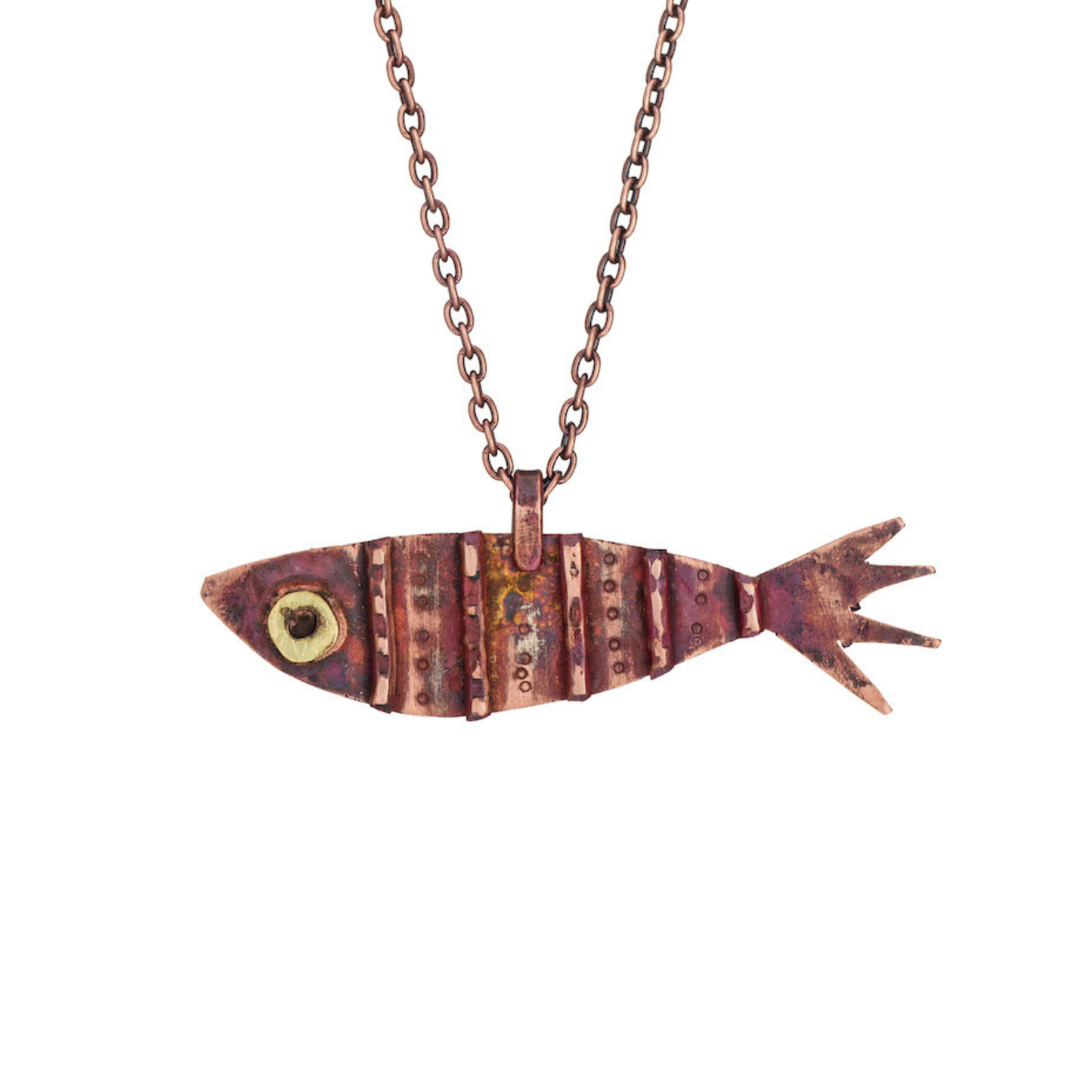 Fish Talisman Necklace – Copper with Textured Strips & Brass Eye | 22" Antiqued Copper Chain