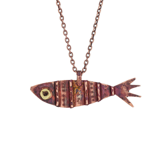 Fish Talisman Necklace – Copper with Textured Strips & Brass Eye | 22" Antiqued Copper Chain