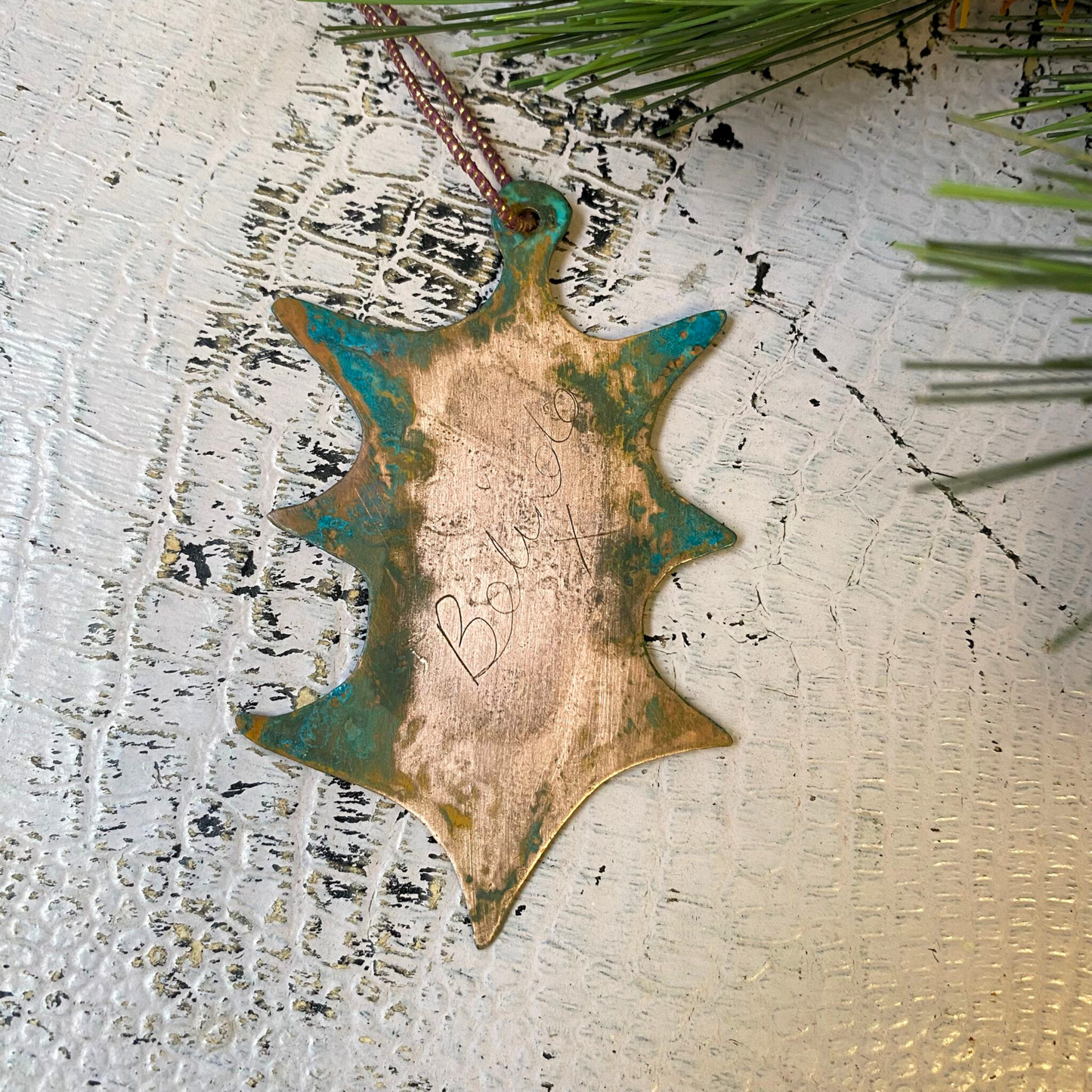 Holly Etched Copper Hanging Decoration