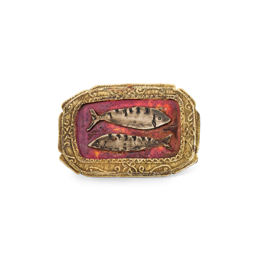 Mackerel on a Spode Charger Brooch – Copper Base, Etched Brass Frame & Nickel Silver Mackerel | Handcrafted Brass Pin | Made in Cornwall