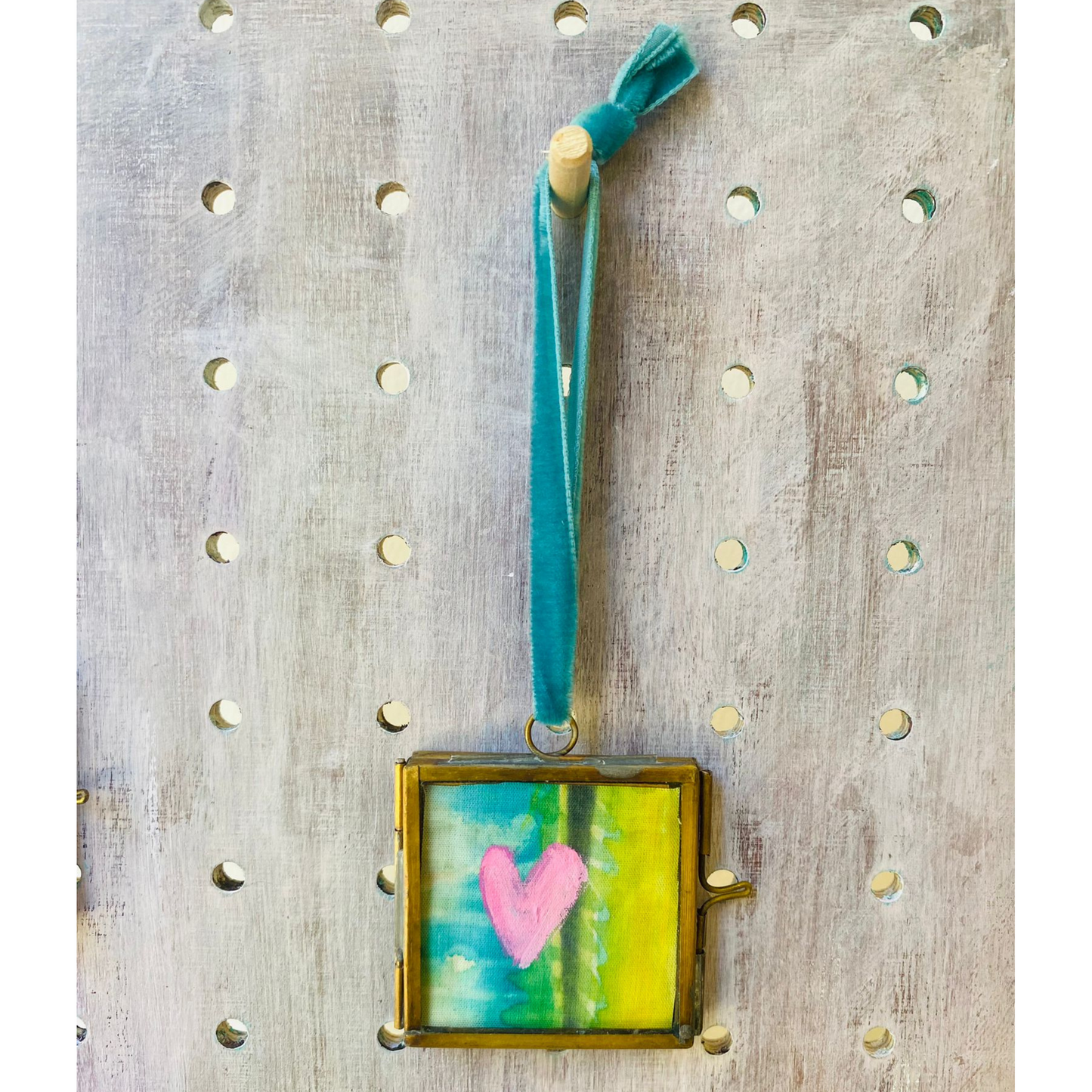 Hanging Heart Mini Frame -Pale Pink Heart with Turquoise & Green