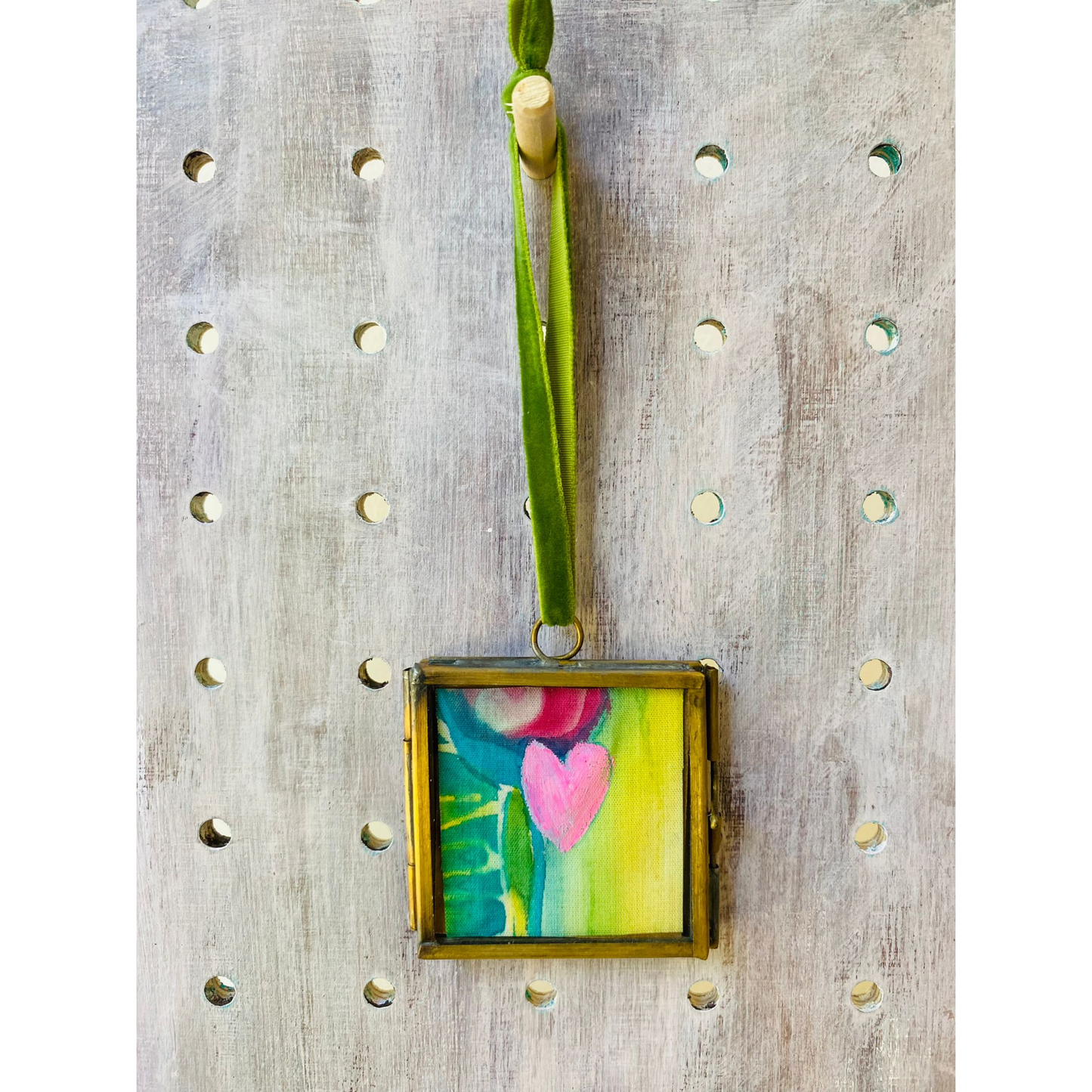 Hanging Mini Glass and Brass Frame with Heart - Pale Pink Heart with Turquoise, Green and Red