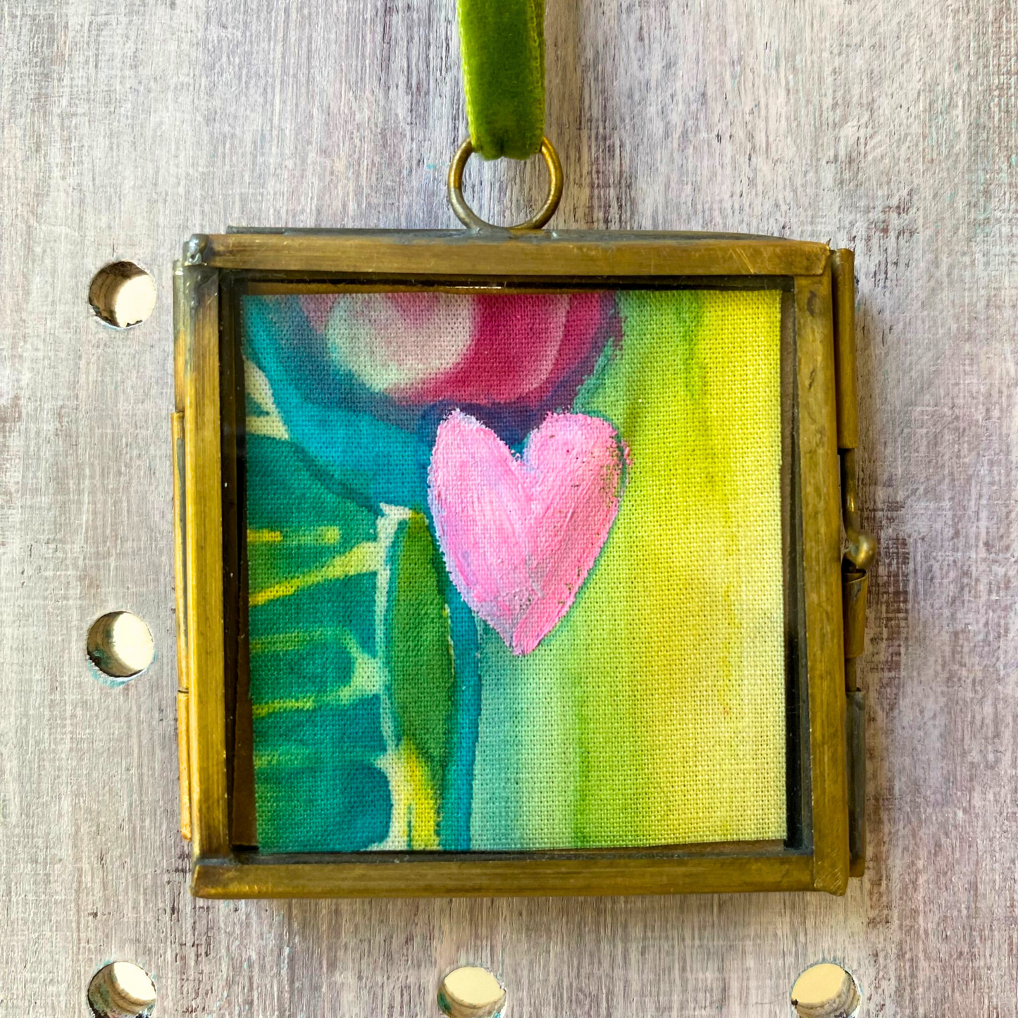 Hanging Mini Glass and Brass Frame with Heart - Pale Pink Heart with Turquoise, Green and Red