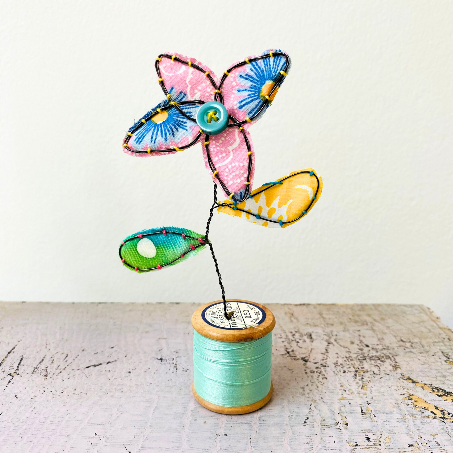 Handcrafted  Flower Sculpture Stitched with Wire, Vintage & Batik Fabric in Blue and Pink
