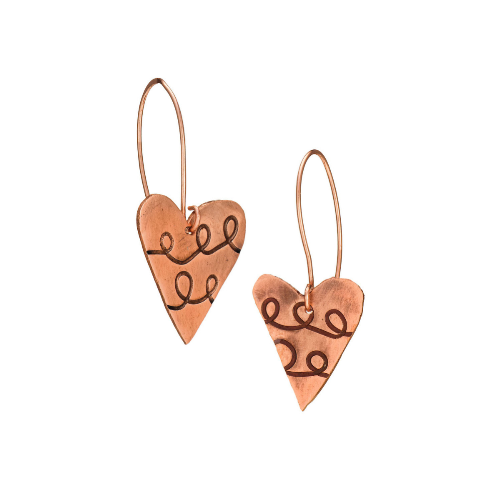 Scribble Heart Copper Earrings with Copper Wires | Wire-Embossed Copper Hearts | Handmade in Cornwall