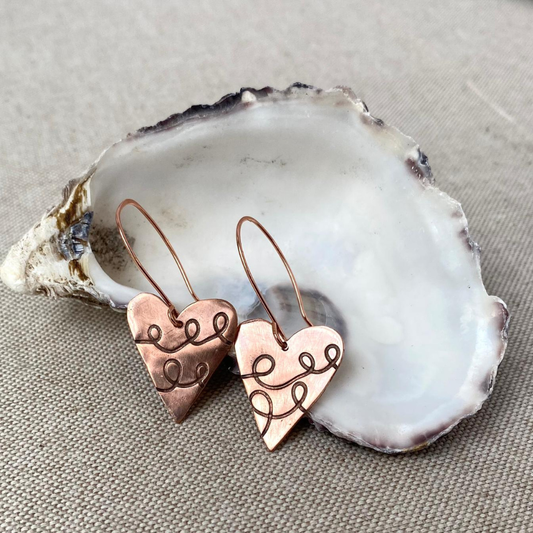 Scribble Heart Copper Earrings with Copper Wires | Wire-Embossed Copper Hearts | Handmade in Cornwall