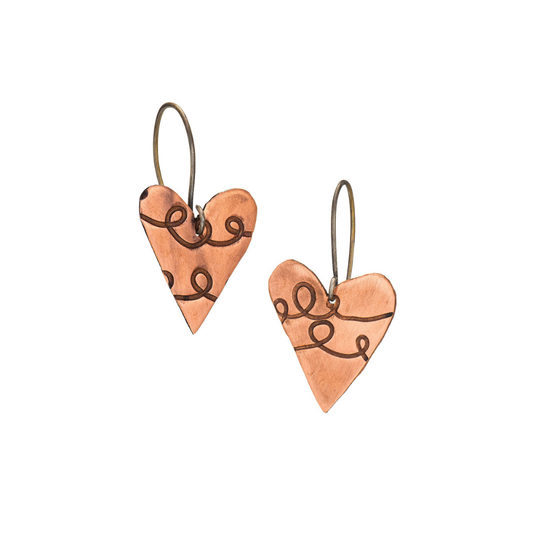 Scribble Heart Copper Earrings with Silver Wires | Wire-Embossed Copper Hearts | Handmade in Cornwall