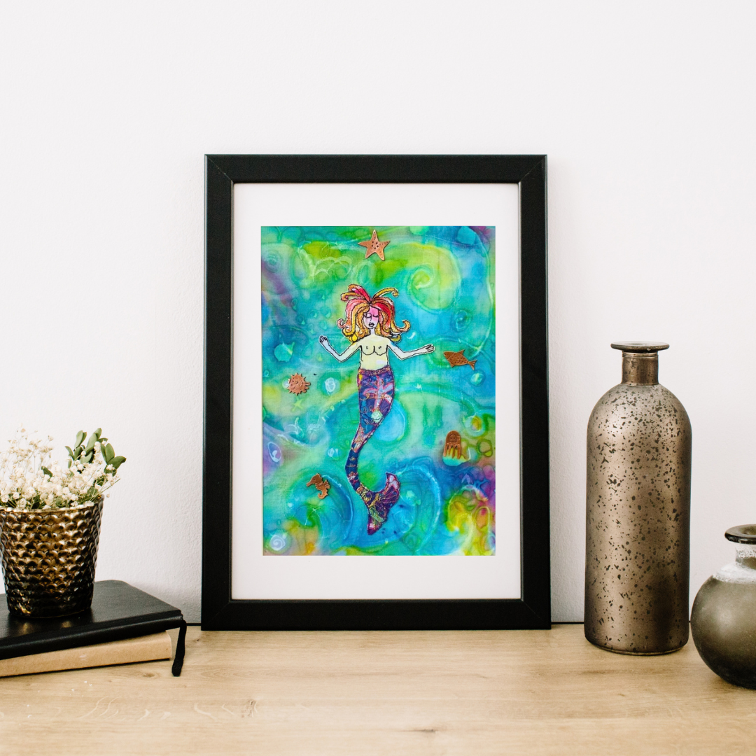 Sea Dreaming Mermaid Textile and Metal Framed Art