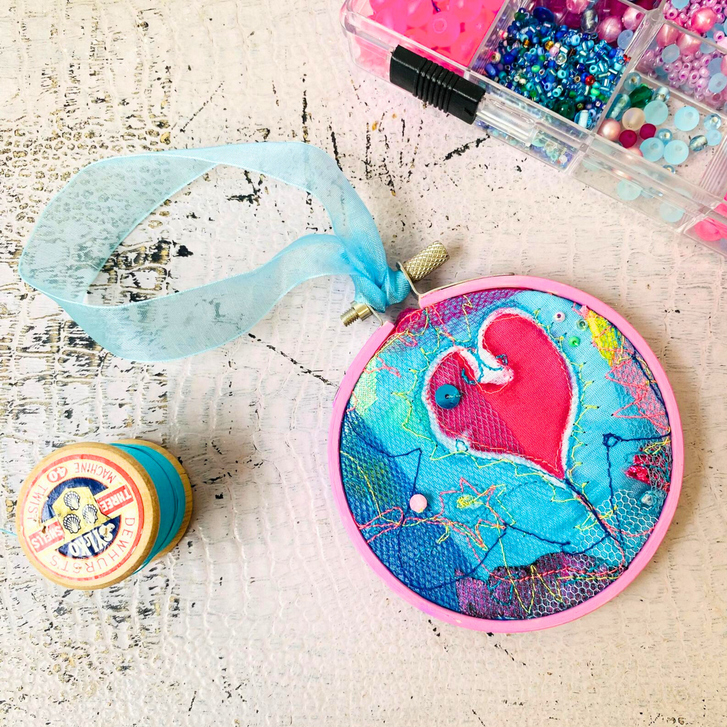 Small Pink Heart Embroidery Hoop with Turquoise ribbon.
