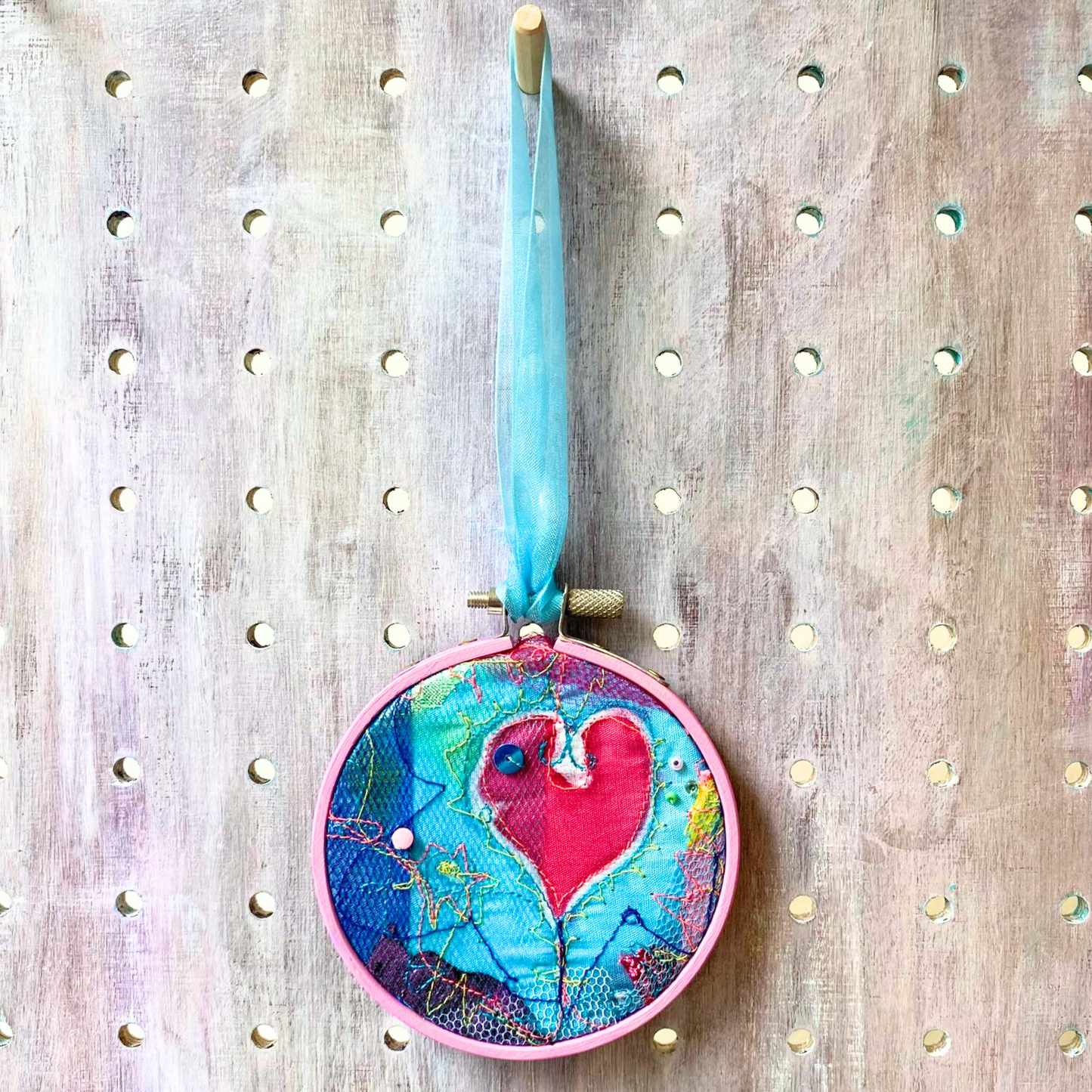Small Pink Heart Embroidery Hoop with Turquoise ribbon.
