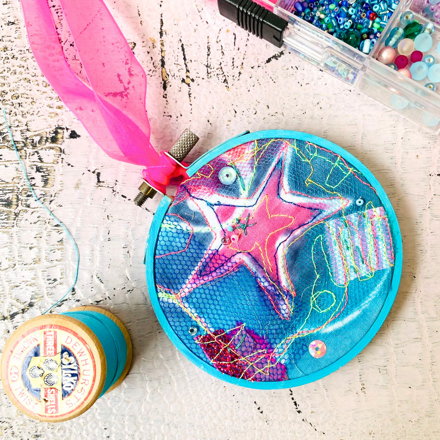 Small Star Hoop. Turquoise with Pink Ribbon.