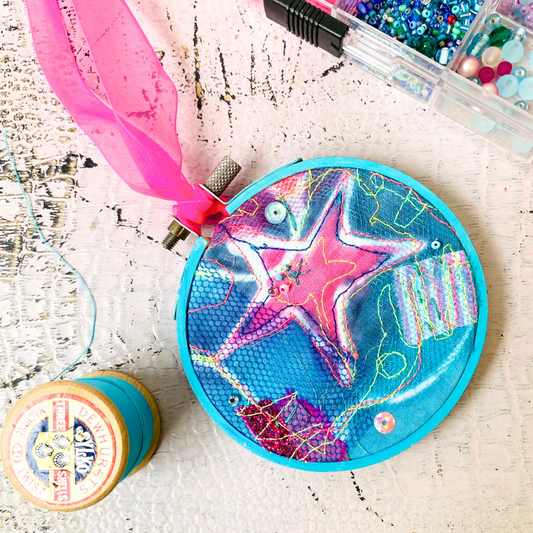 Small Star Hoop. Turquoise with Pink Ribbon.