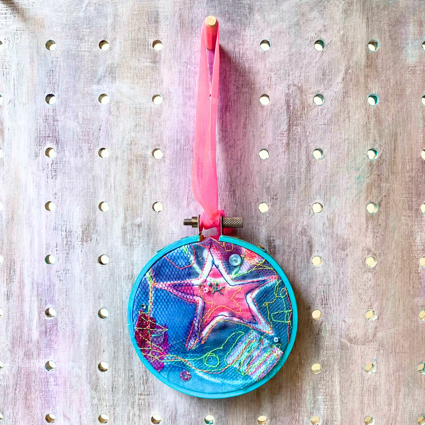 Small Star Hoop. Turquoise with Pink Ribbon.