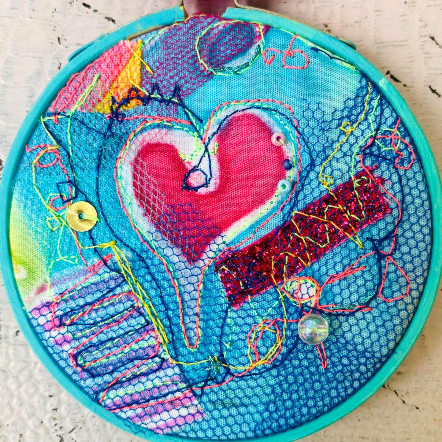 Medium Turquoise Heart Hoop with Pink Ribbon