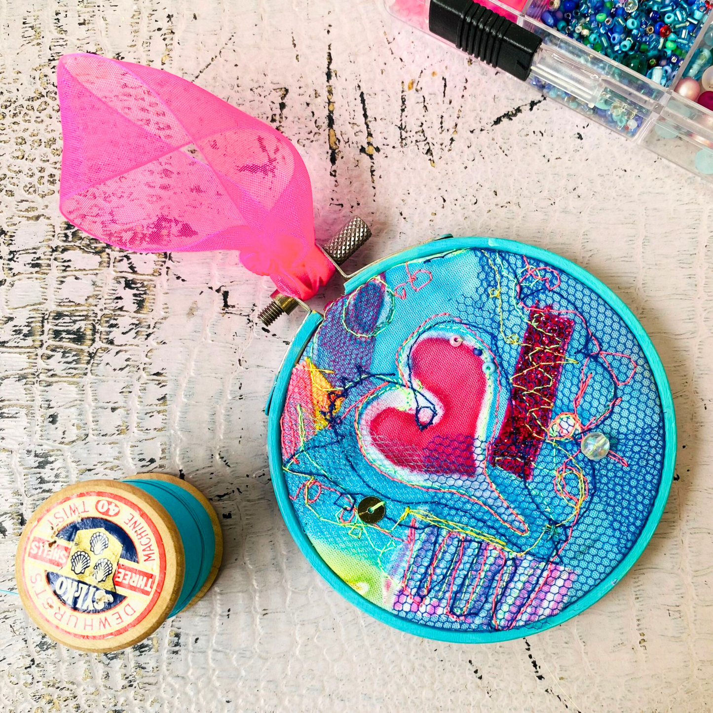 Medium Turquoise Heart Hoop with Pink Ribbon