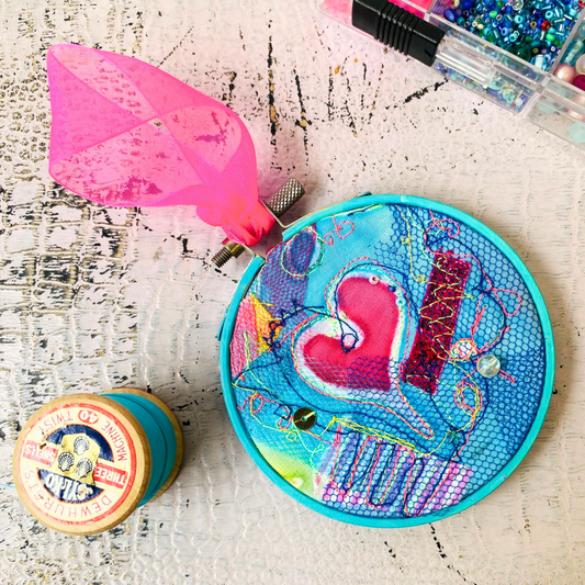 Medium Turquoise Heart Hoop with Pink Ribbon