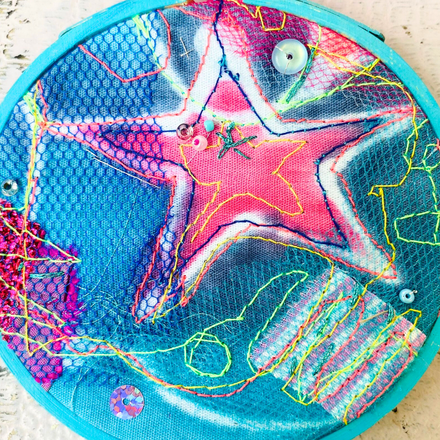 Small Star Hoop. Turquoise with Pink Ribbon.