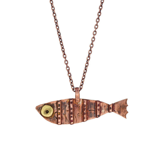 Fish Talisman Necklace – Copper with Textured Strips & Brass Eye | 22" Antiqued Copper Chain
