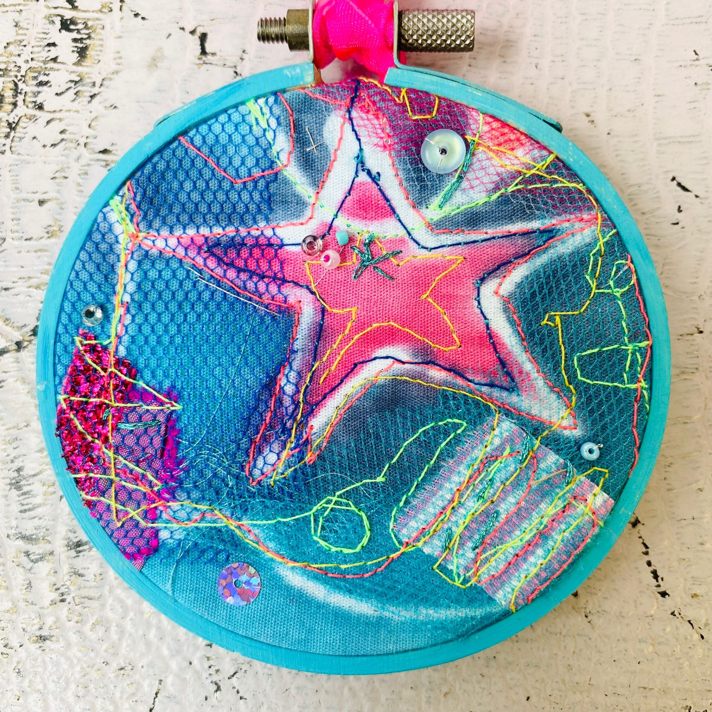 Small Star Hoop. Turqoise with Pink Ribbon