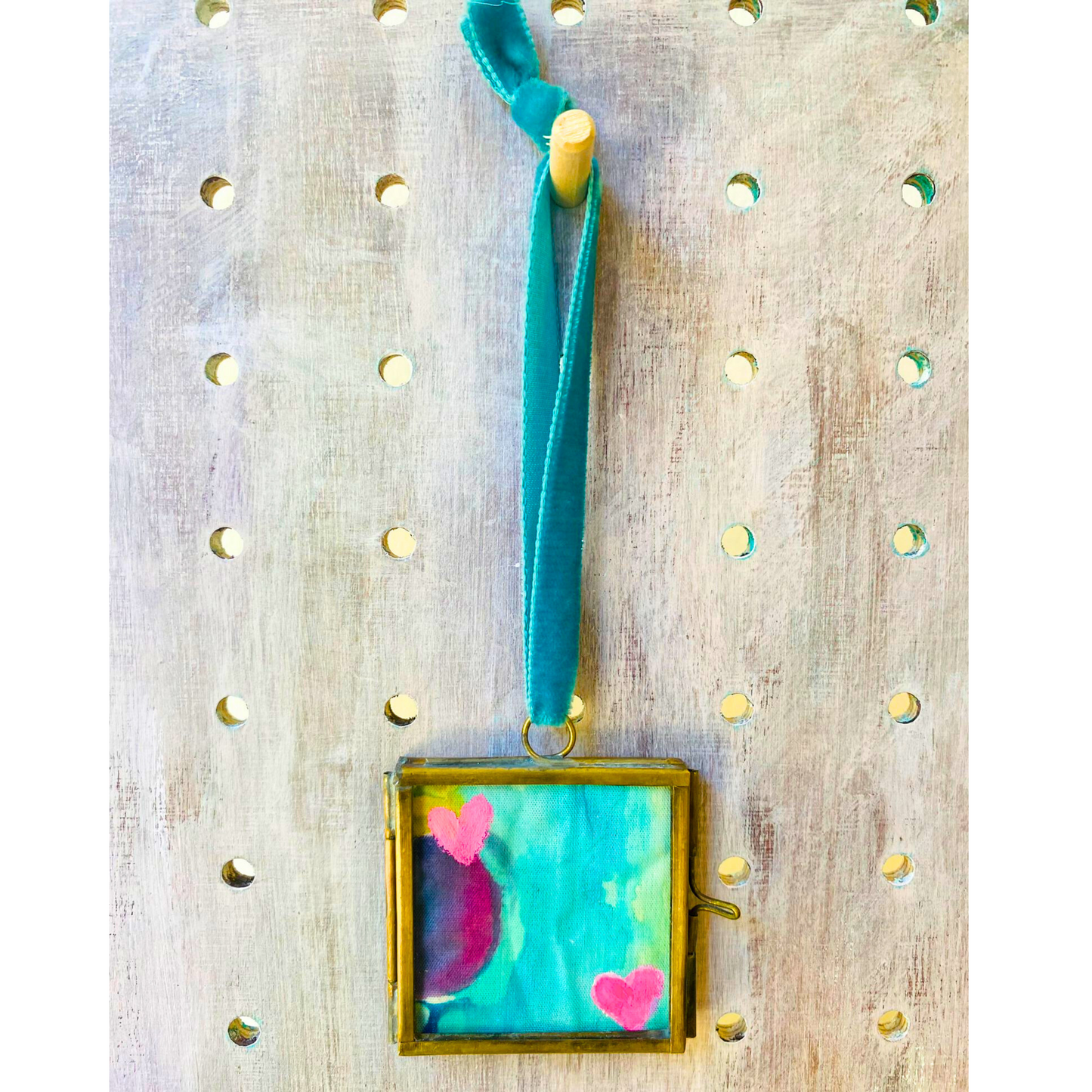 Hanging Heart Mini Frame - Two Pink Hearts with Turquoise