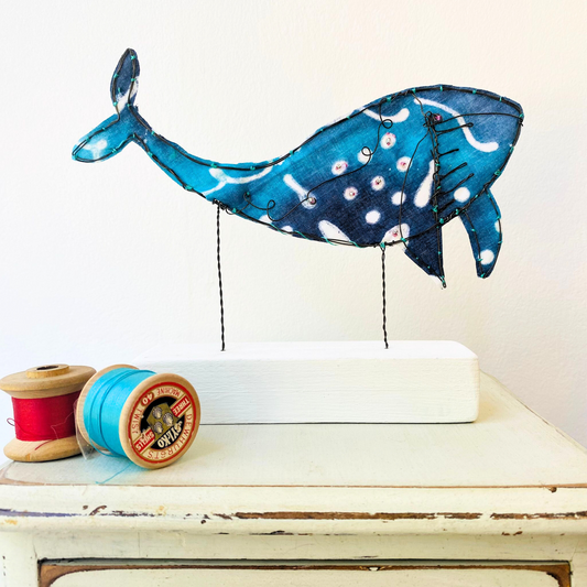 Wire and Textile Whale Sculpture - Blue.
