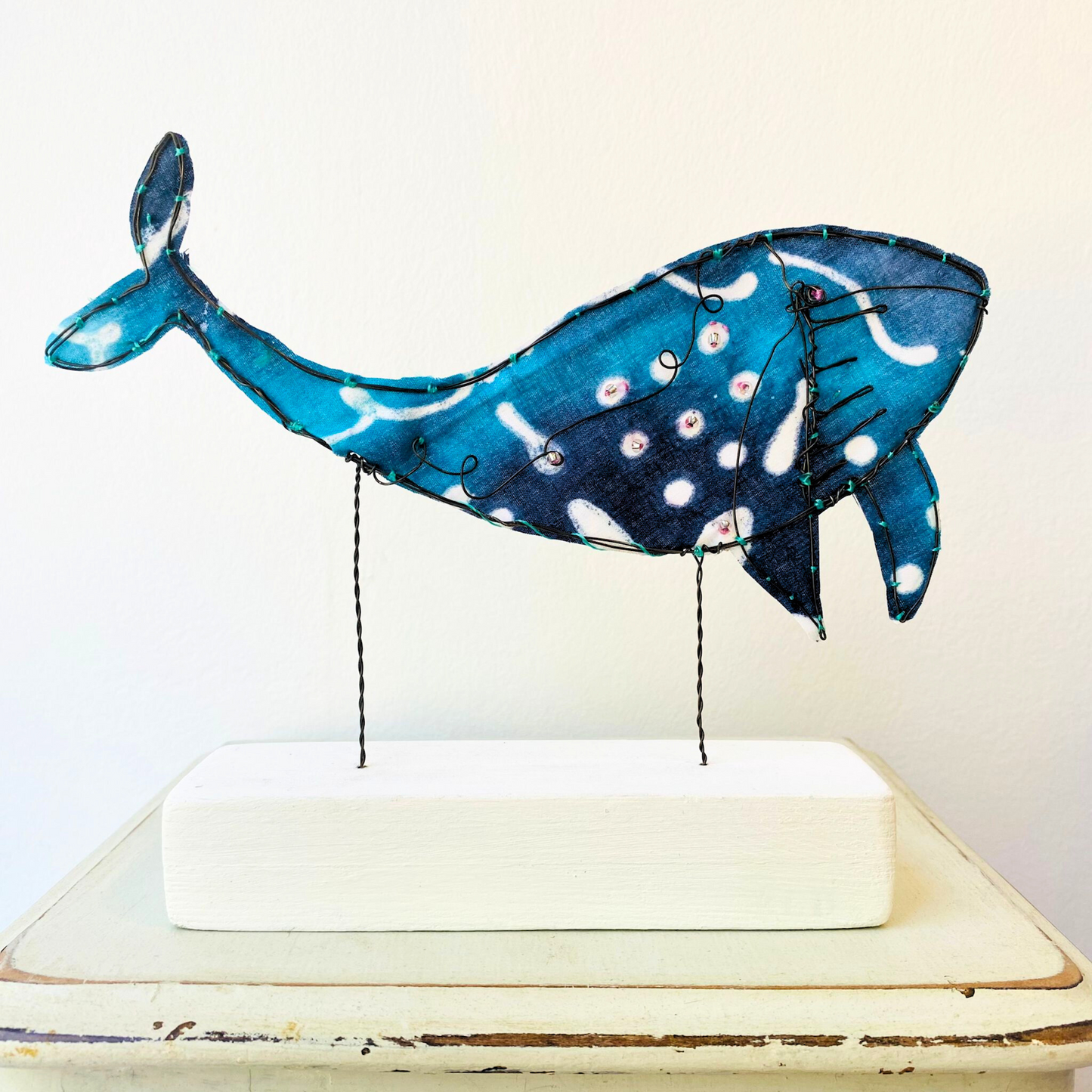 Wire and Textile Whale Sculpture - Blue.