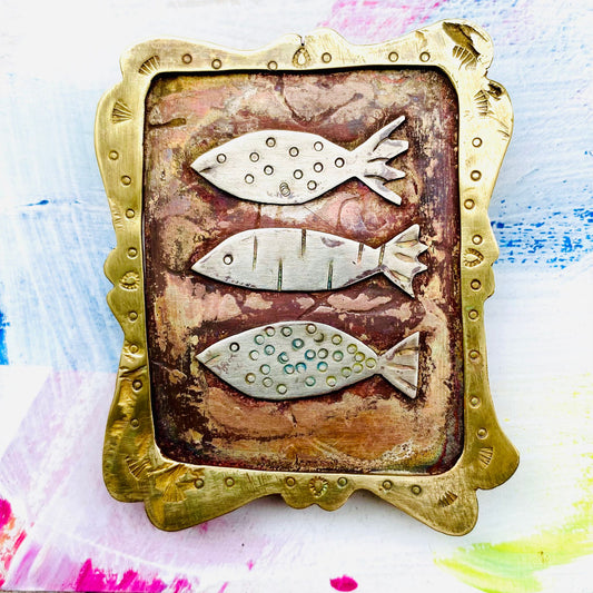 Trio of Fish Brooch – Handcrafted Statement Pin in Nickel Silver, Copper & Brass - Made to Order Item