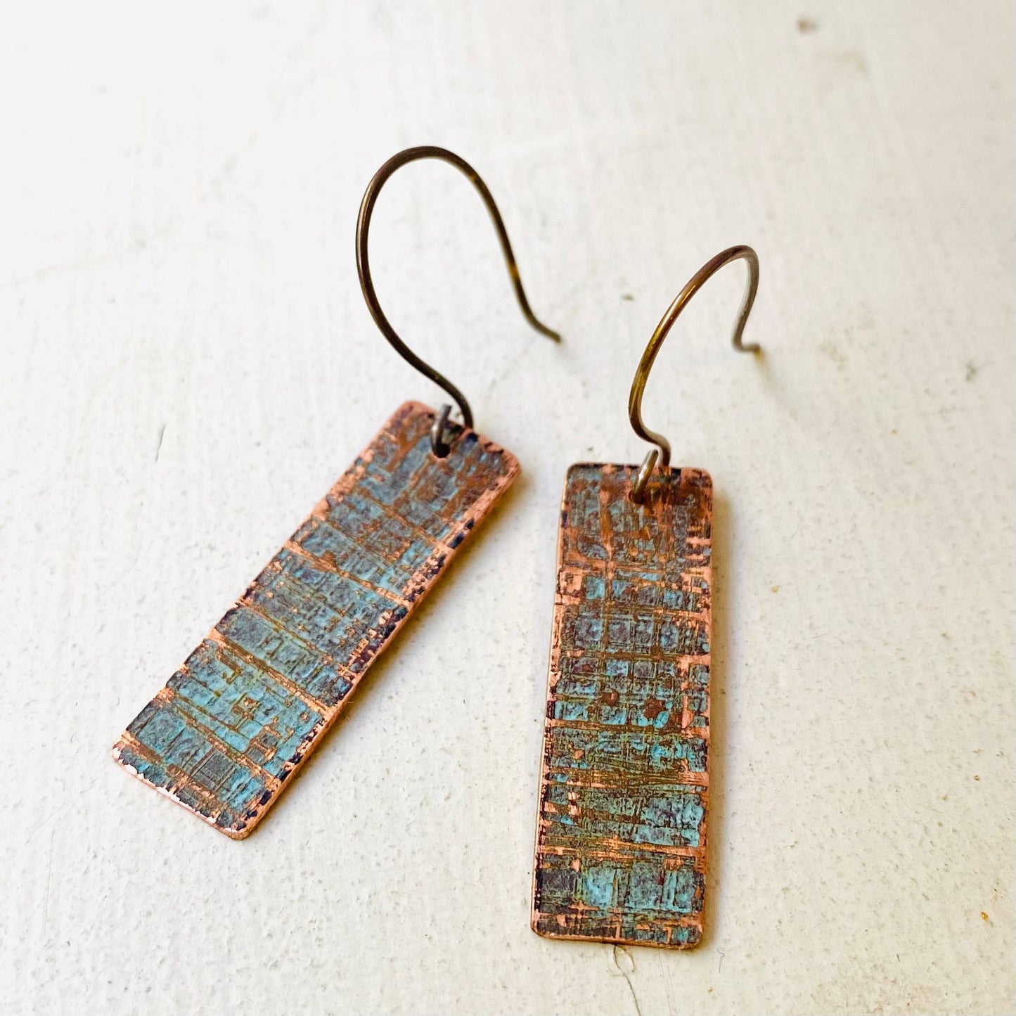 Etched Copper Dangle Earrings with Verdigris Patination