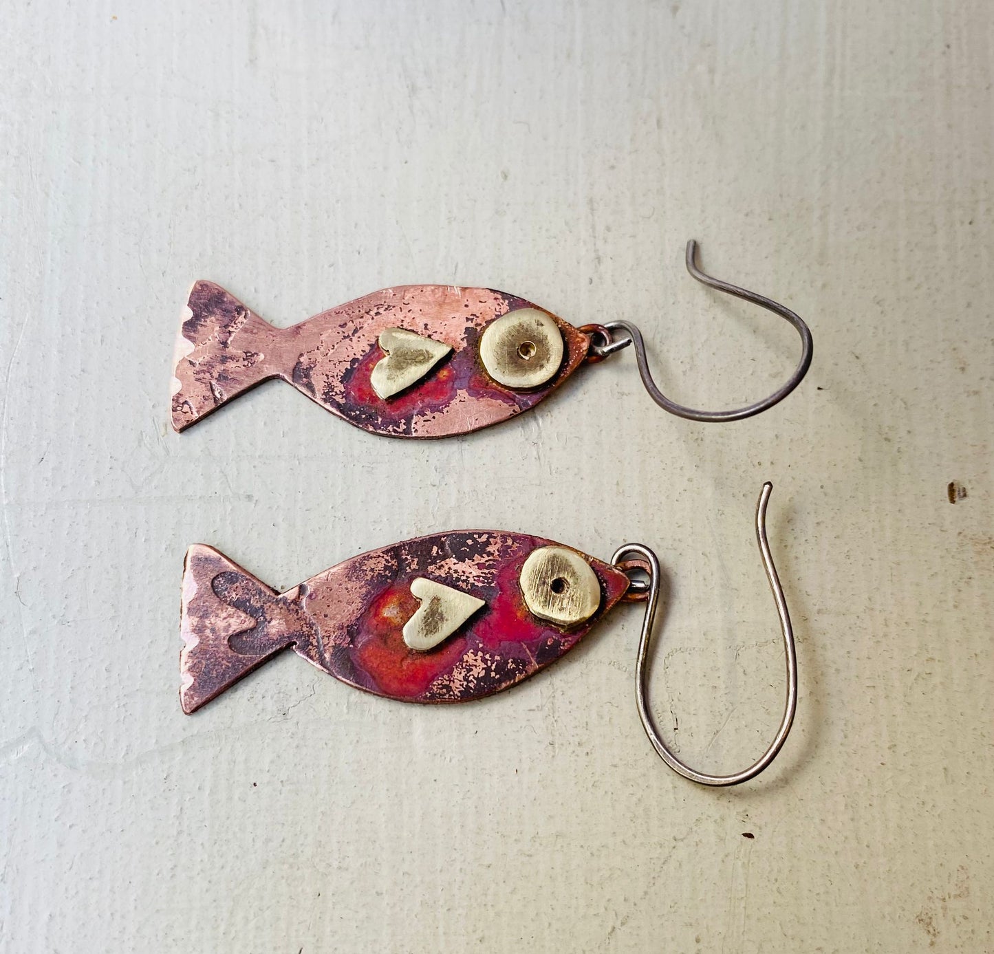 Copper & Brass Fish Dangle Statement Earrings - one of a kind