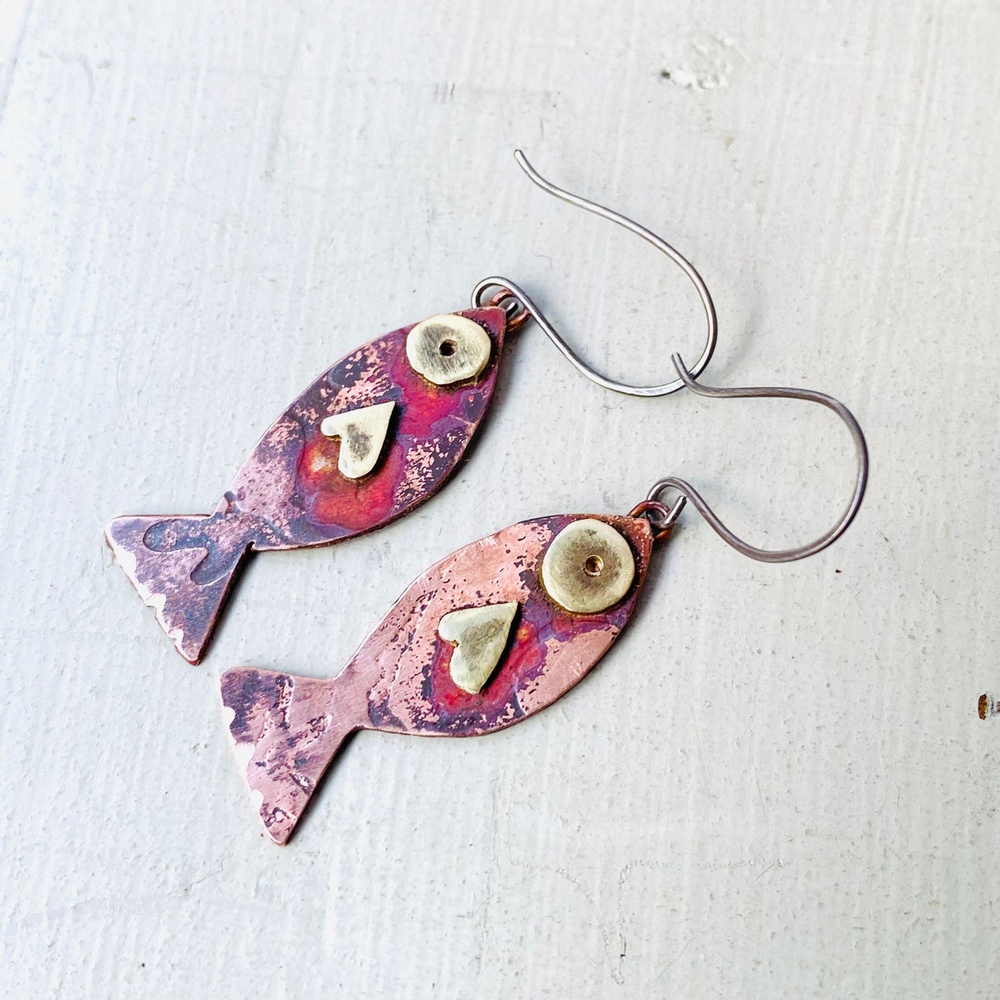Copper & Brass Fish Dangle Statement Earrings - one of a kind