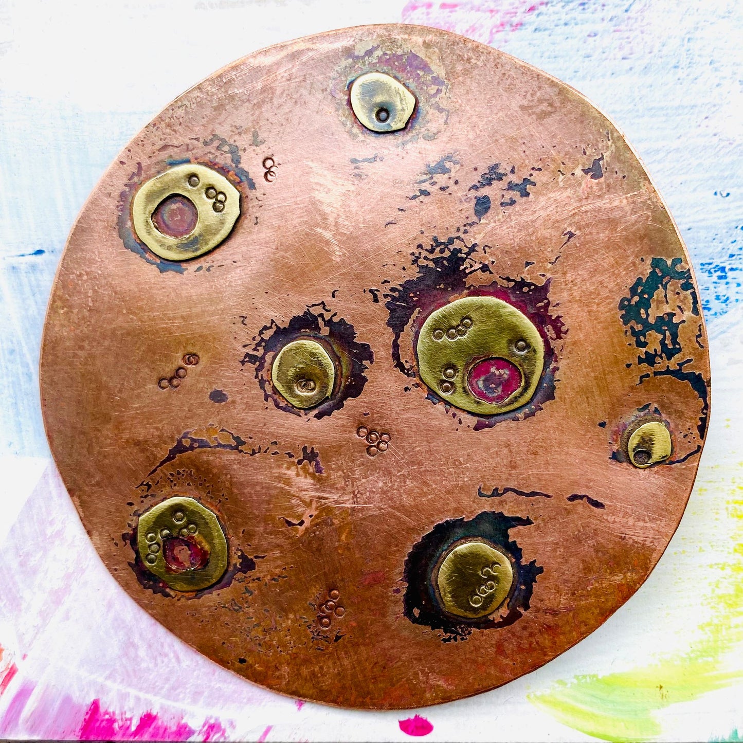 Handcrafted Full-Moon Copper and Brass Brooch - Made-to-order-item