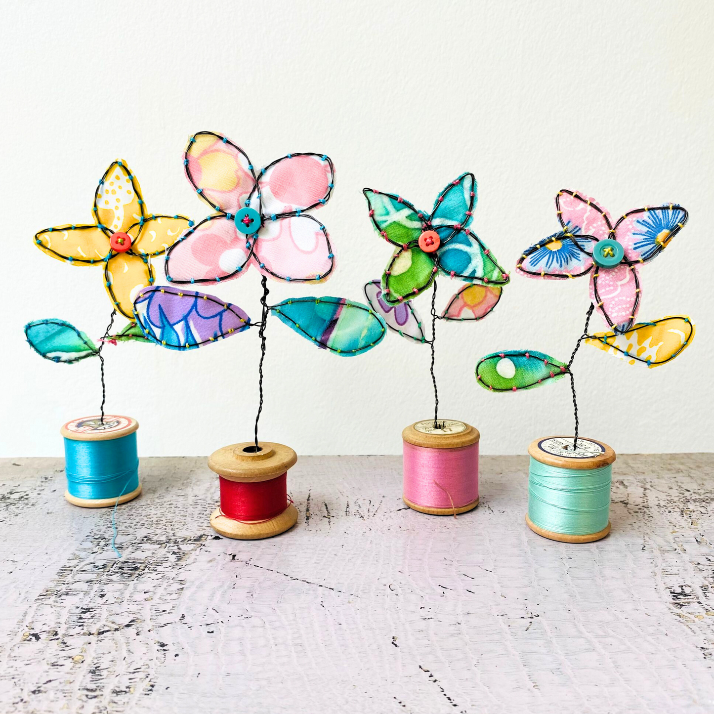 Handcrafted  Flower Sculpture Stitched with Wire, Vintage & Batik Fabric in Blue and Pink