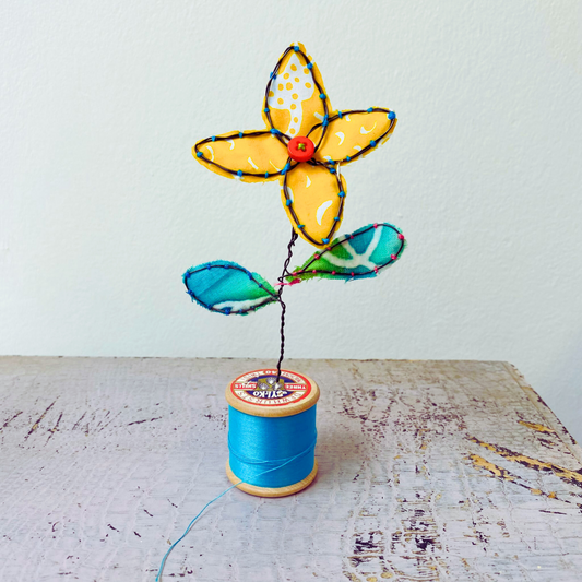 Yellow Flower Sculpture Stitched with Wire and Batik Fabric